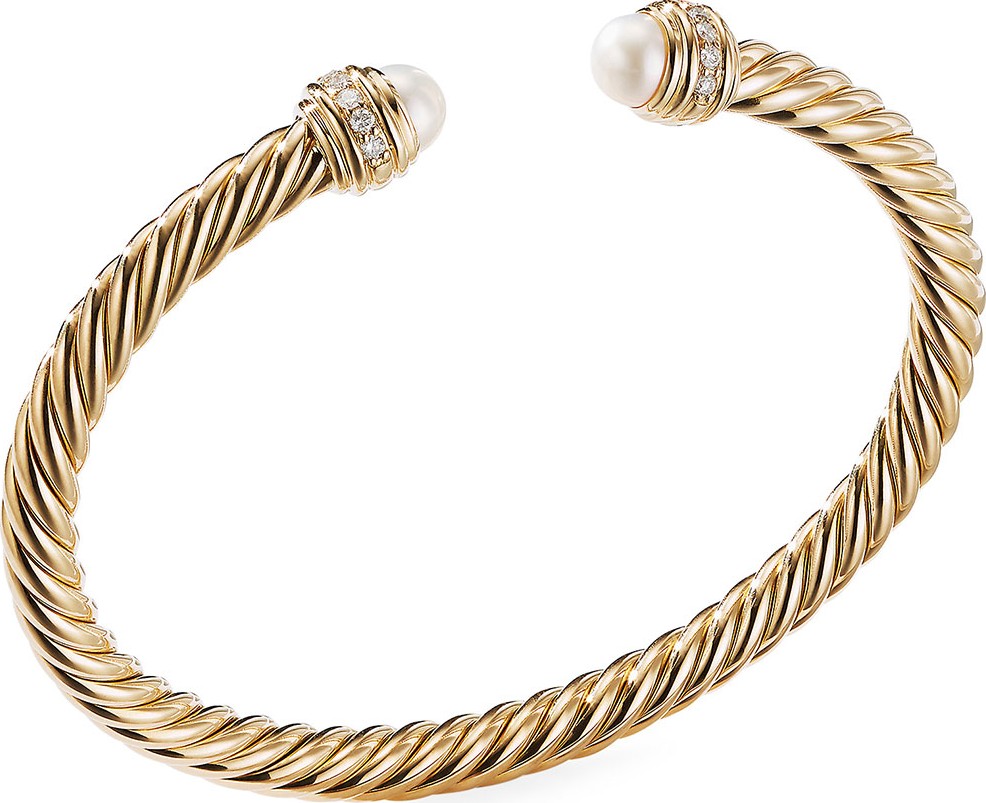 David Yurman 18k Gold Cable Bracelet w/ Diamonds & Pearls, Size M