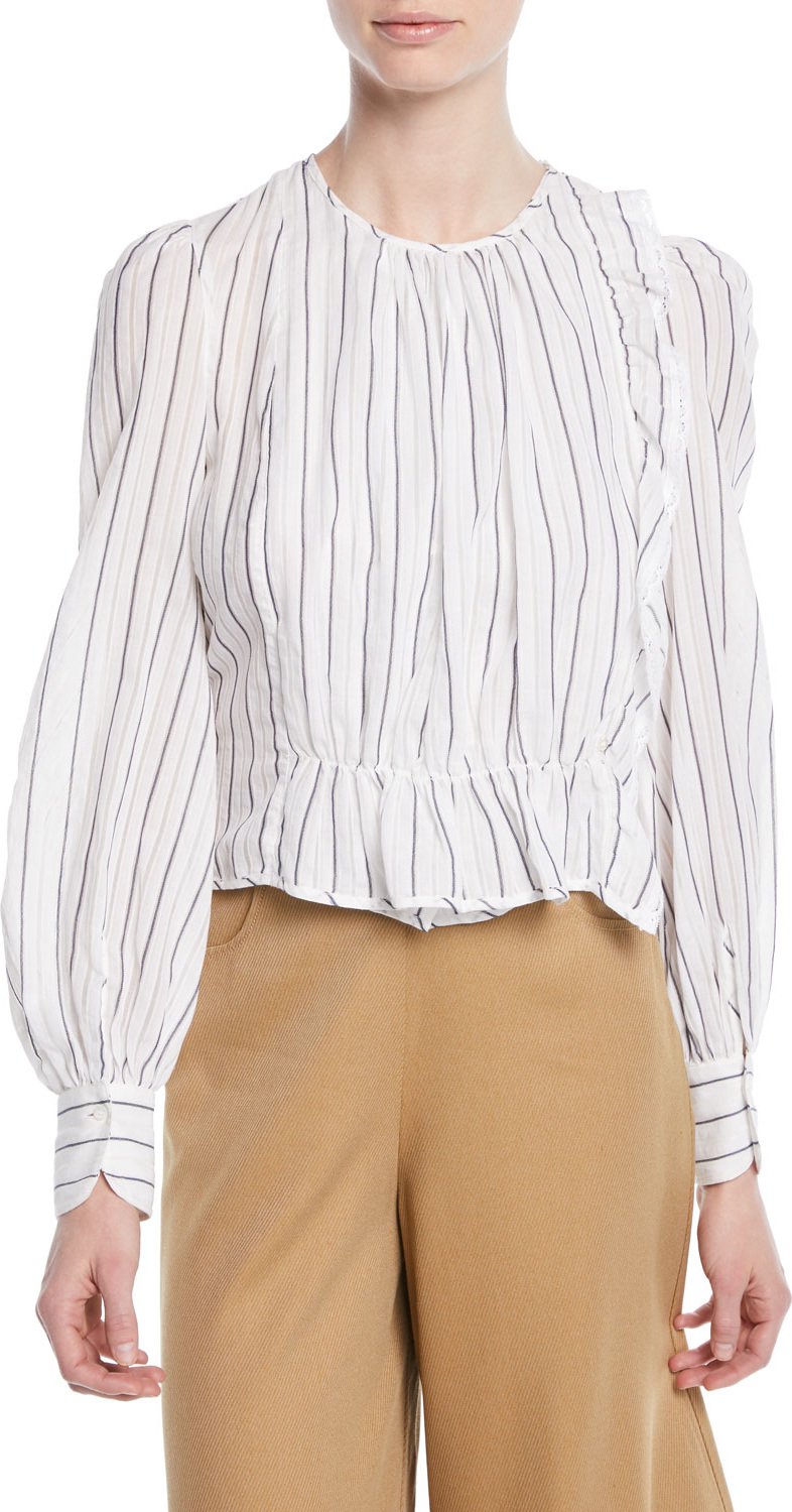 See By Chloé Striped Ruffle Long-Sleeve Shirred Blouse