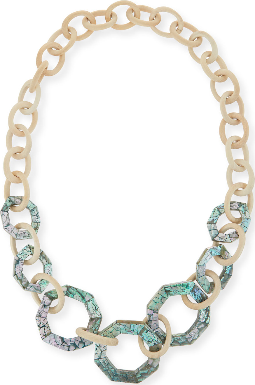 Viktoria Hayman White Wood & Abalone Link Necklace