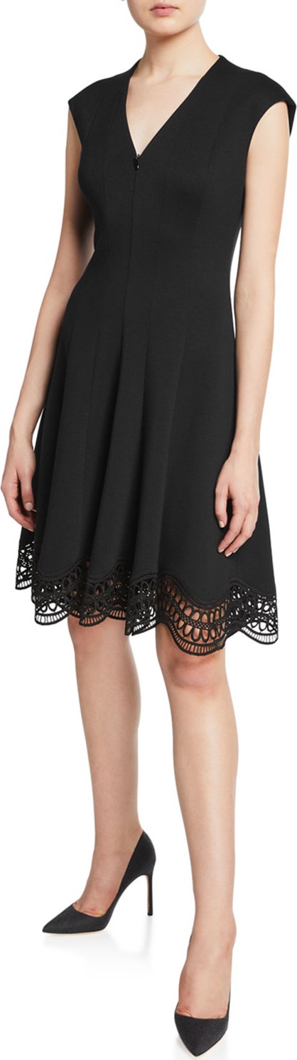 Elie Tahari Heidi Zip-Front Cap-Sleeve Lace-Hem Dress