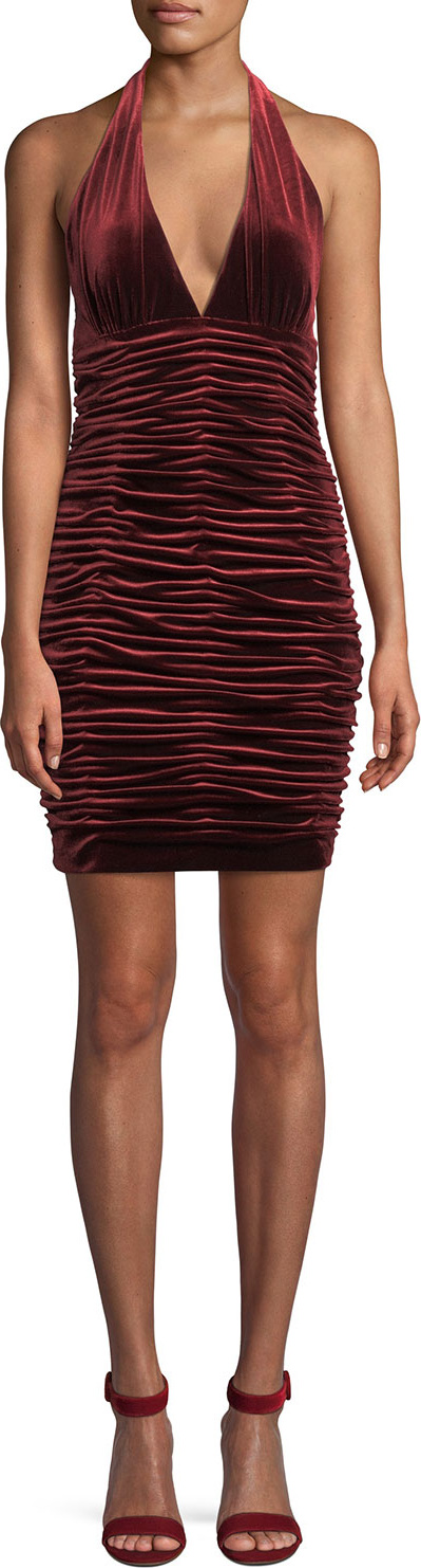 Aidan by Aidan Mattox V-Neck Shirred Velvet Body-Con Mini Cocktail Halter Dress