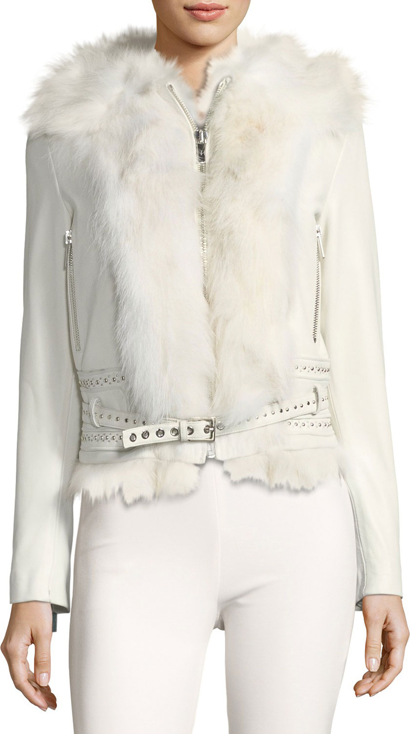 Nour Hammour Mazarine Belted Leather Jacket with Fox Fur Trim