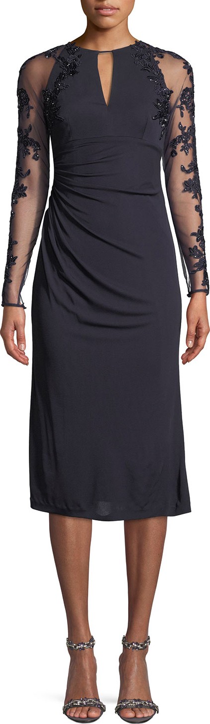 David Meister Stretch Jersey Beaded-Sleeve Cocktail Dress