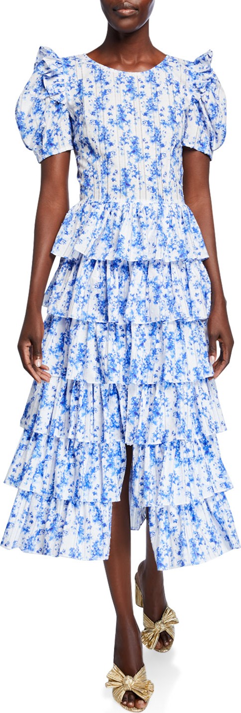 Caroline Constas Rose Tiered Floral-Print Cotton Midi Dress