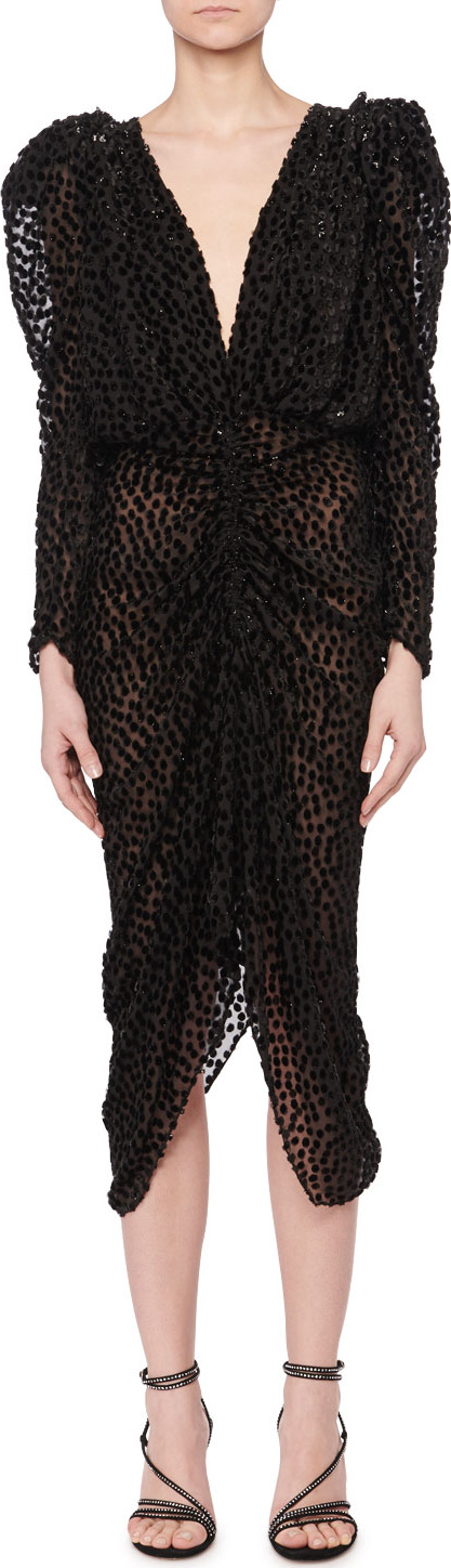Isabel Marant Maray Plunging Ruched Fitted Dot Devore Velvet Midi Cocktail Dress