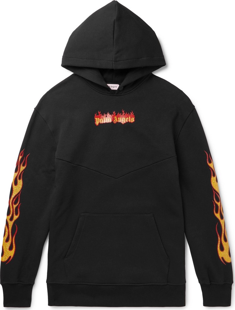 Palm Angels Oversized Glittered Logo-Print Fleece-Back Cotton-Jersey Hoodie