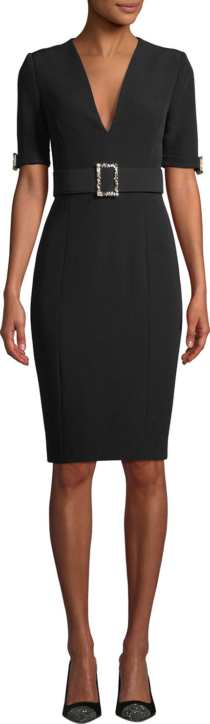 Badgley Mischka V-Neck Dress w/ Belted Waist & Cuffs