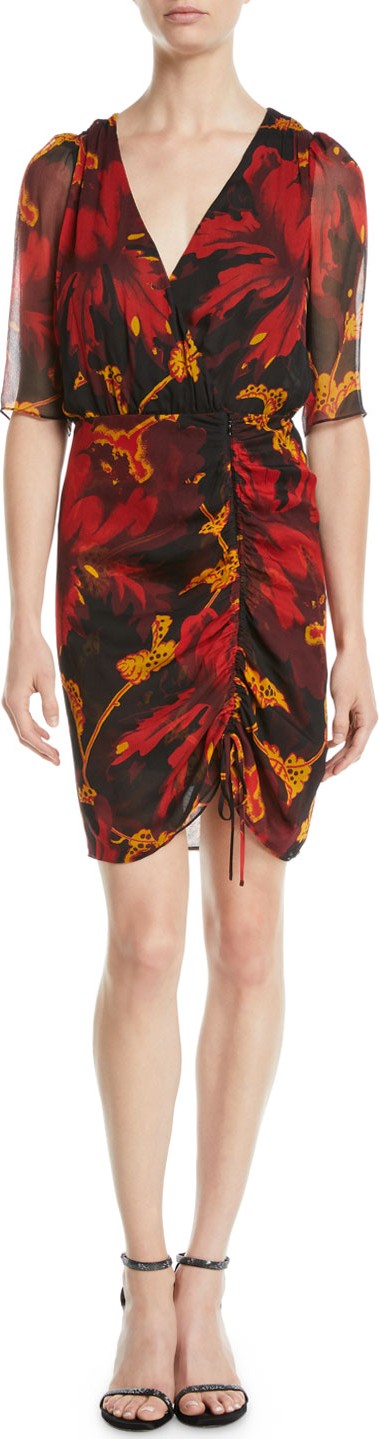 DIANE von FURSTENBERG Kelda Floral Ruched 3/4-Sleeve Dress