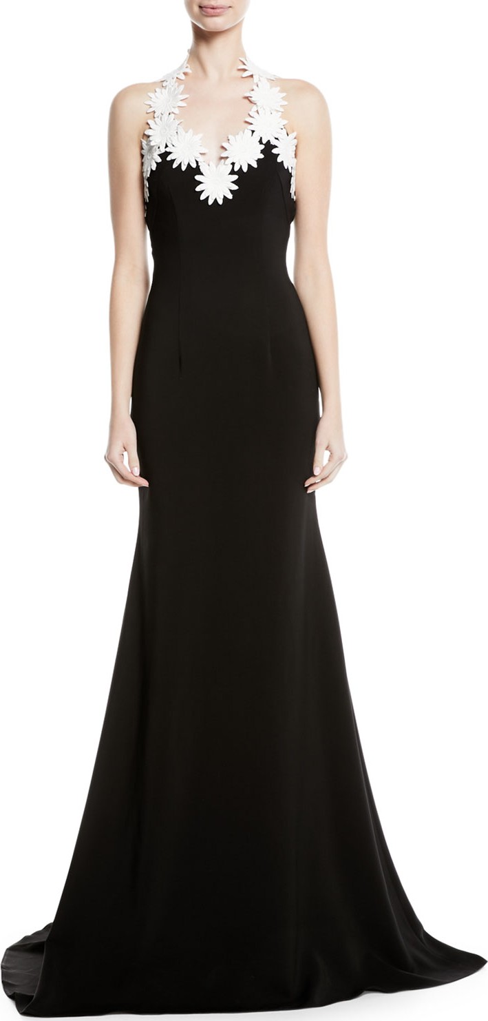NK32 Naeem Khan Daisy-Trim Crepe Halter Gown