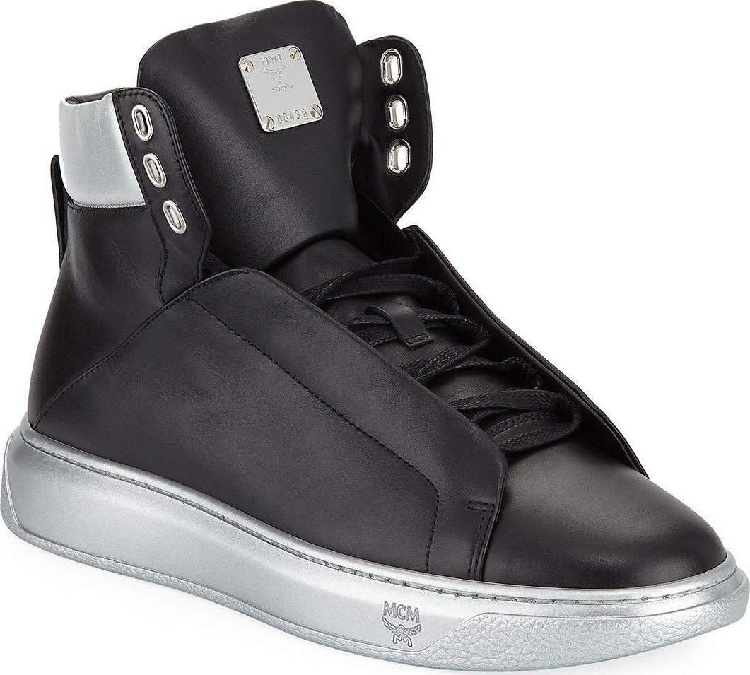 MCM Men's Visetos-Trim Leather High-Top Sneakers