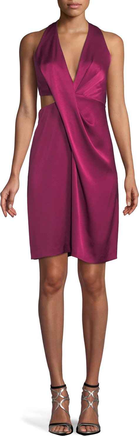 HALSTON HERITAGE Satin Halter Dress w/ Side Cutout