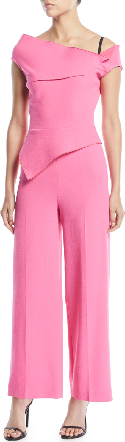Roland Mouret One-Shoulder Asymmetric-Neck Peplum Full-Leg Jumpsuit