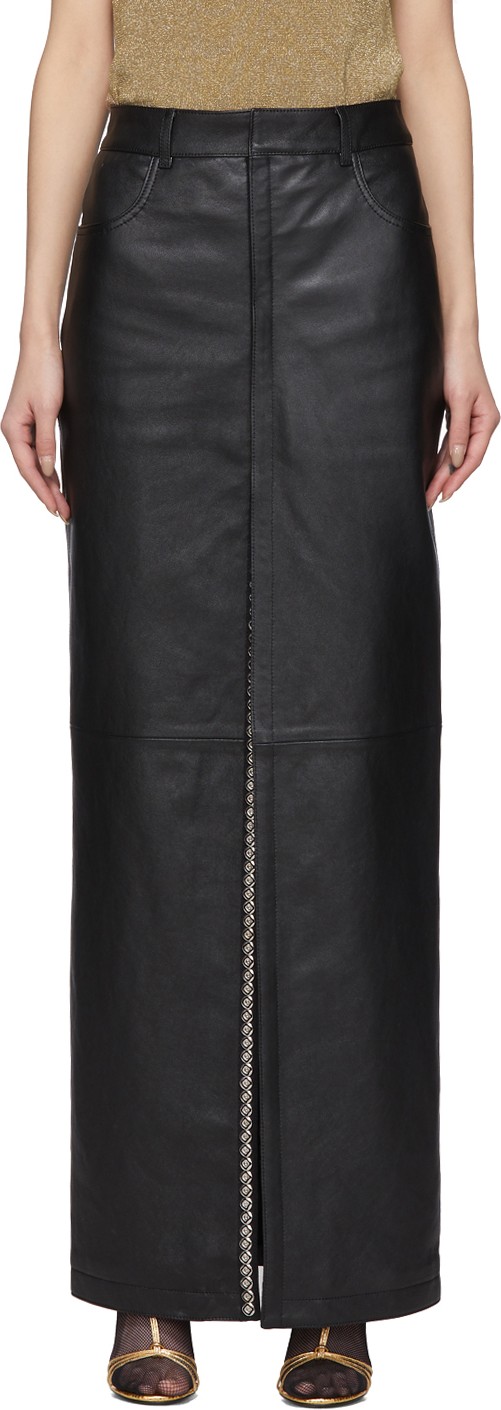 Saint Laurent Black Leather Snap Slit Skirt