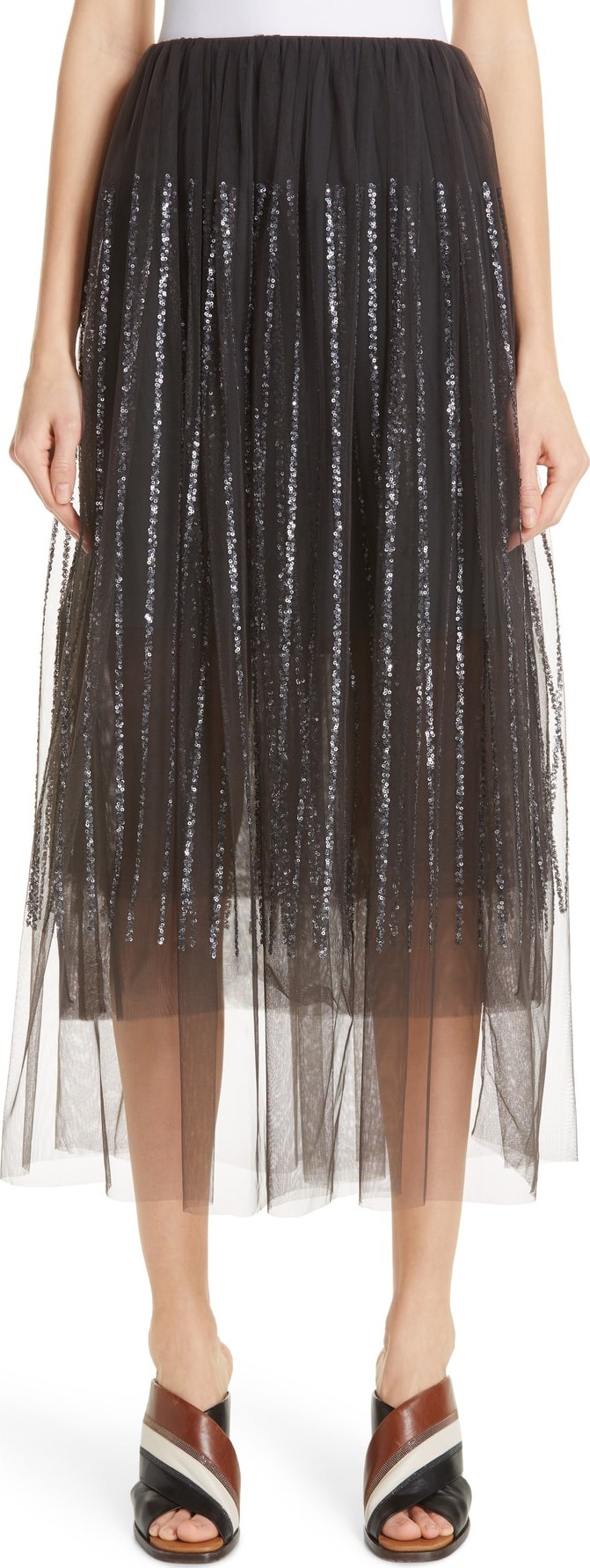 Brunello Cucinelli Sequin Stripe Tulle Overlay Skirt
