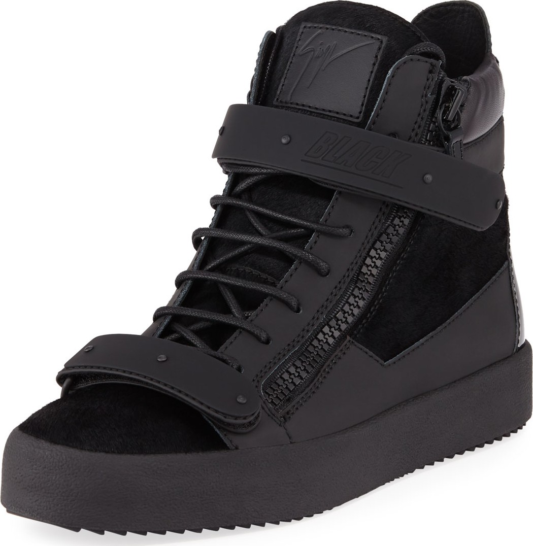 Giuseppe Zanotti Men's Monochrome Double-Strap Calf-Hair High-Top Sneakers