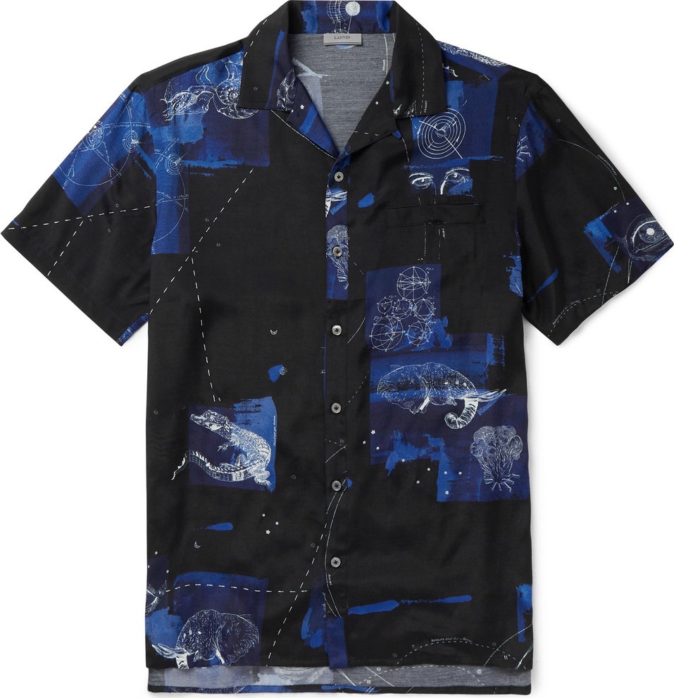 Lanvin Camp-Collar Printed Matte-Satin Shirt