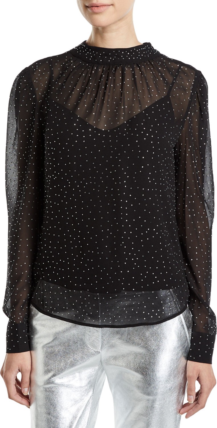 Veronica Beard Melling Embellished Silk Long-Sleeve Top