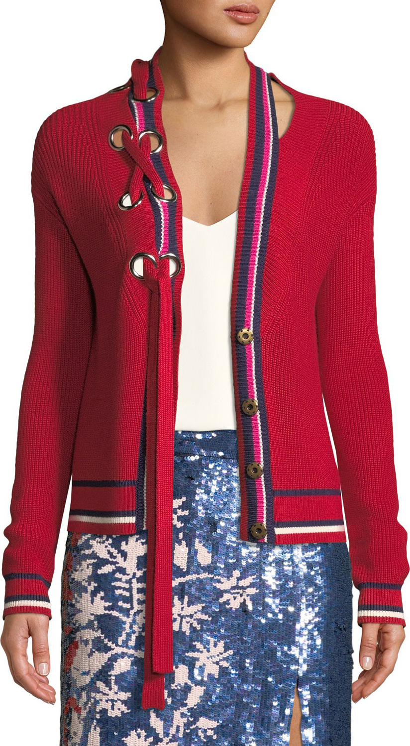 Tanya Taylor Greta Lace-Up Striped Knit Cardigan