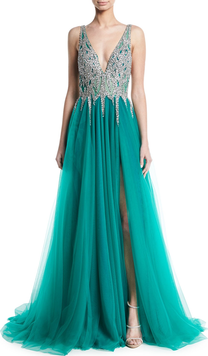 Jovani Sleeveless High-Slit Embellished Bodice Evening Gown