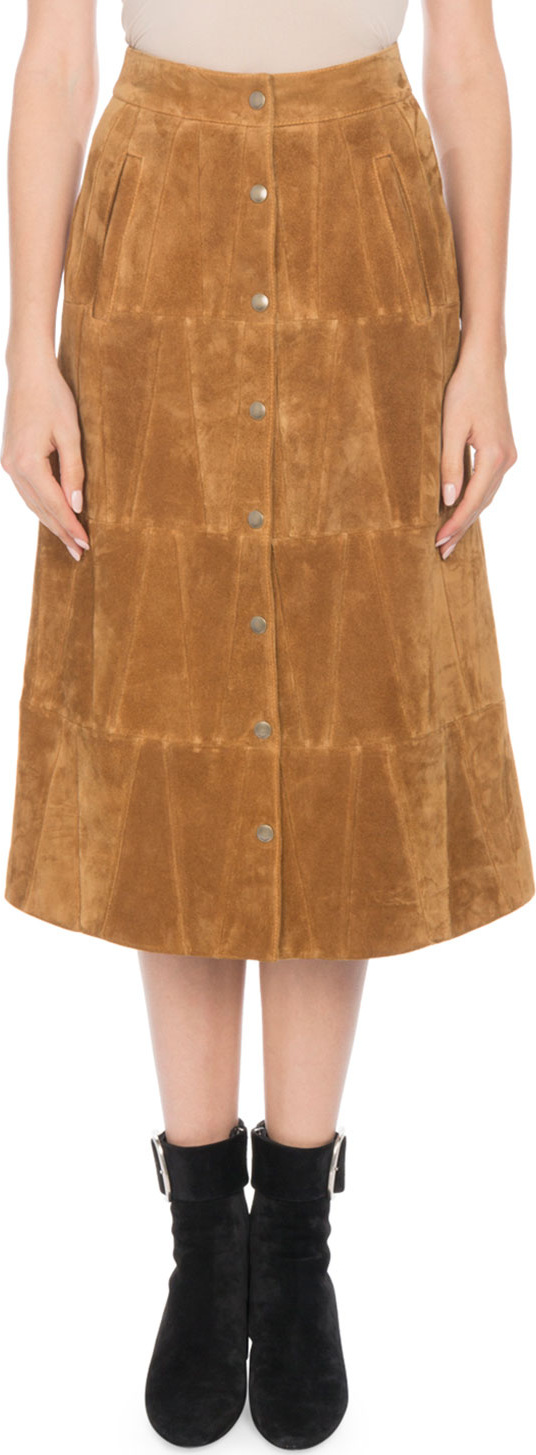 Saint Laurent Snap-Front Calfskin Suede Midi Skirt