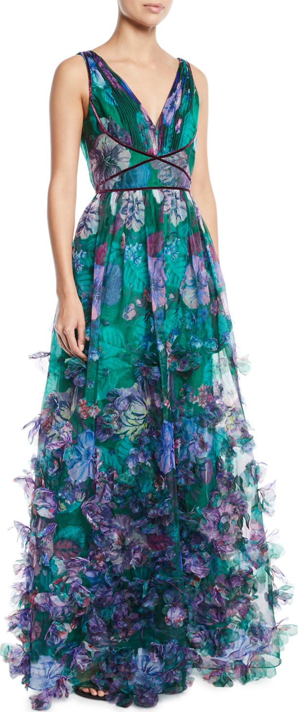Marchesa Notte Organza Ball Gown w/ 3D Floral Embroidery