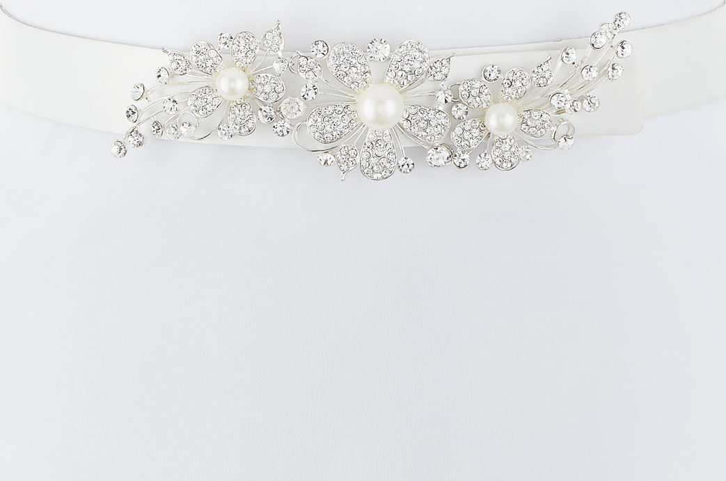 Deborah Drattell Adele Satin Belt with Crystal Floral Motif