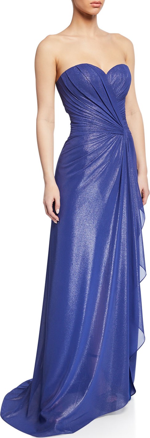 RENE RUIZ Strapless Shirred Bustier Gown with Side Drape