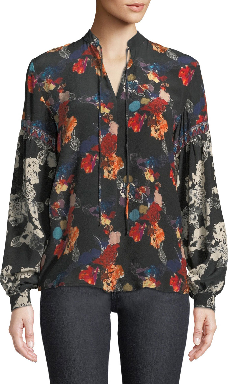 Tolani Swanna Mandarin-Neck Mixed Floral-Print Silk Blouse