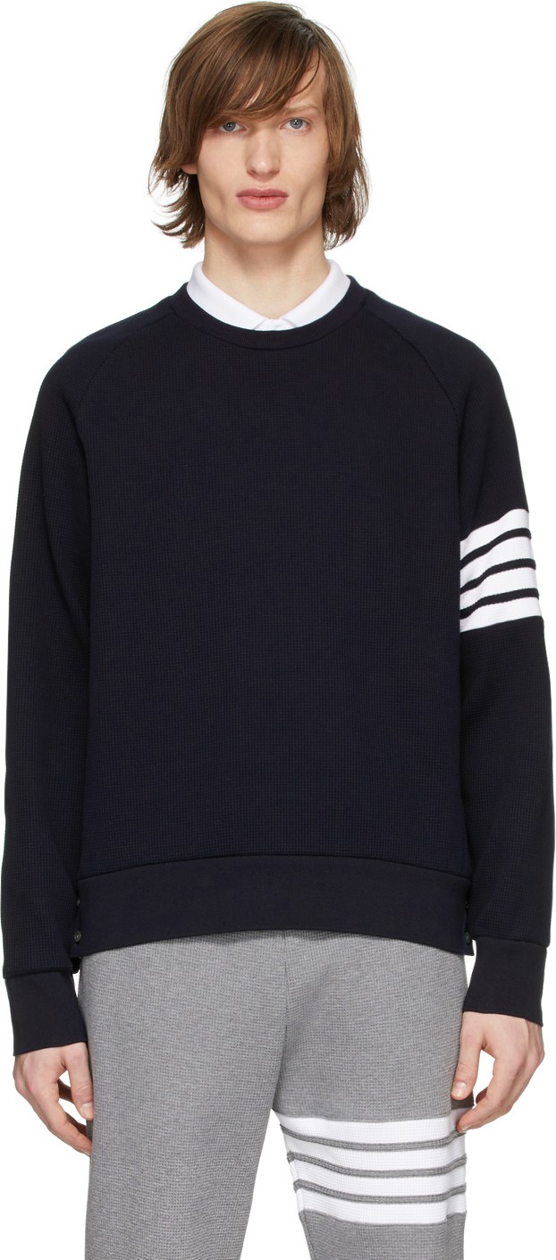 Thom Browne Navy Waffle 4-Bar Classic Sweatshirt