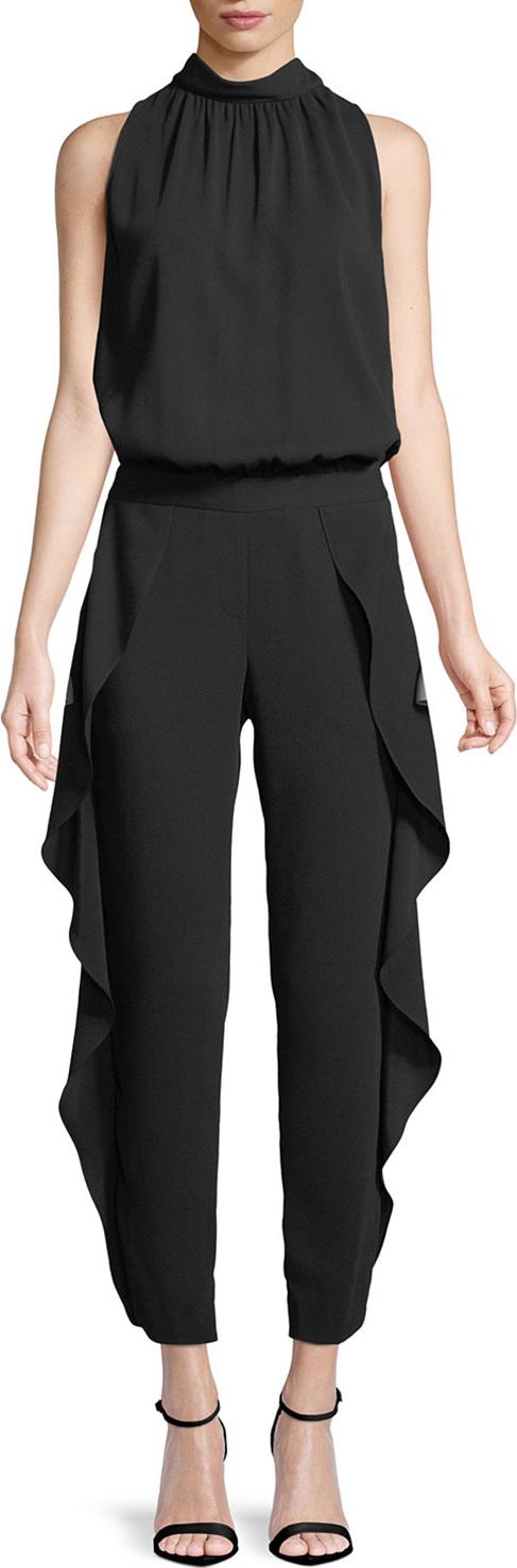 HALSTON HERITAGE Sleeveless Mock-Neck Ruffled Jumpsuit