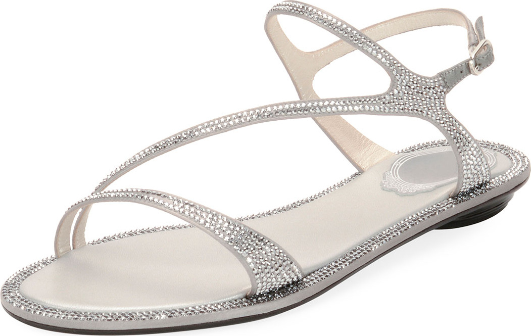 Rene Caovilla Strass Flat Strappy Sandal, Silver