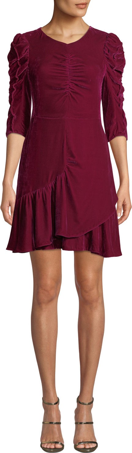 Rebecca Taylor Ruched Velvet 3/4-Sleeve Flounce Dress