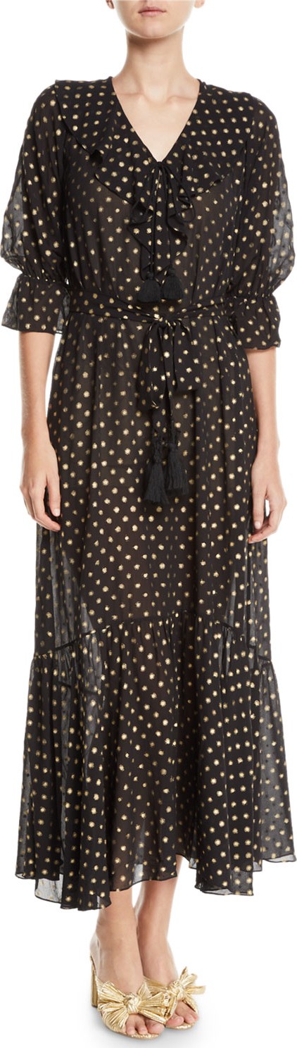 FIGUE Nyla Golden-Polka Dot Georgette Maxi Dress