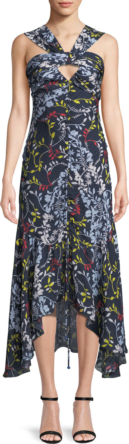 Tanya Taylor Sancia Ruched Vine-Print Midi Dress