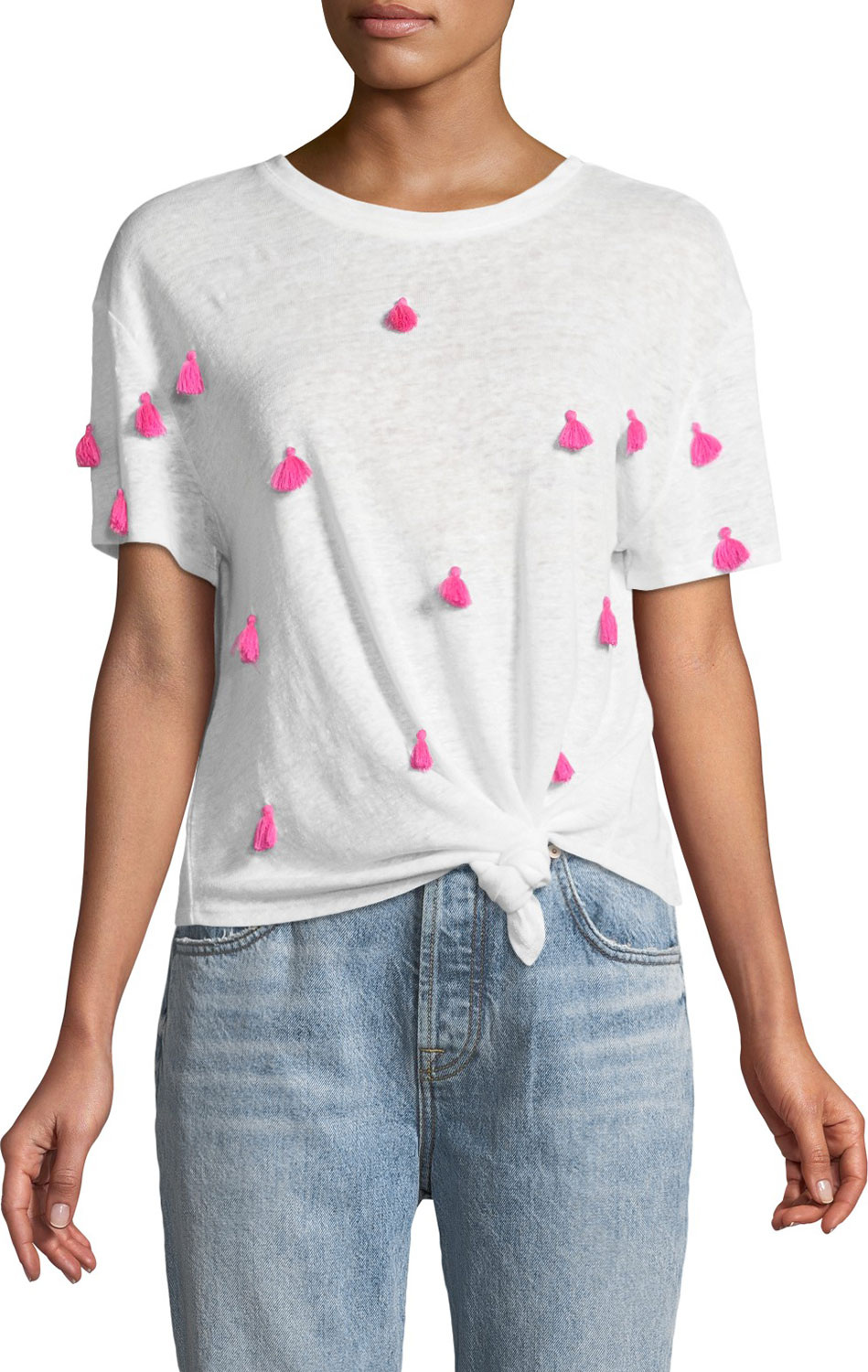 Generation Love Penny Crewneck Short-Sleeve Knot-Hem Linen Top with Tassel Trim