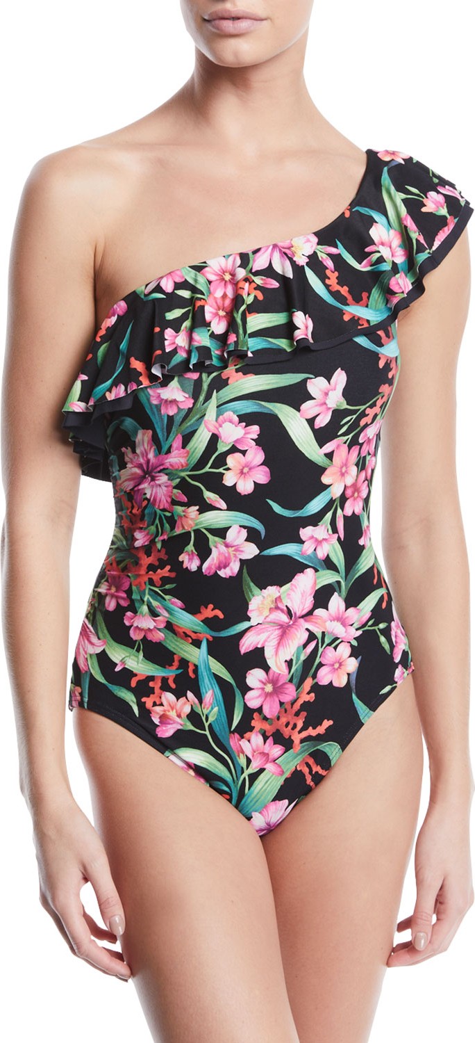 Carmen Marc Valvo One-Shoulder Floral-Print Ruffle One-Piece Swimsuit