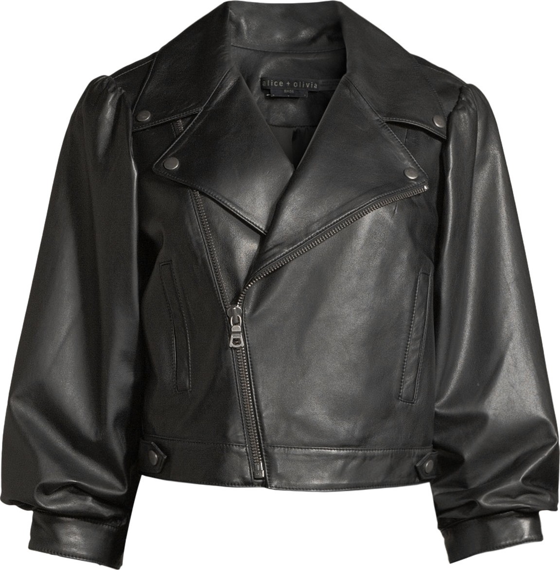 Alice + Olivia Arlo Gathered-Sleeve Leather Moto Jacket Alice + Olivia Arlo Gathered-Sleeve Leather Moto Jacket