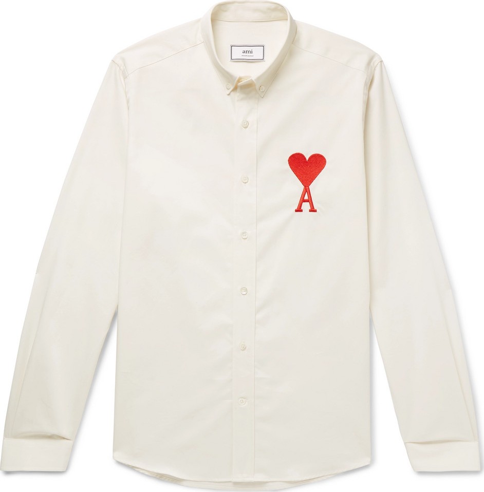 AMI Button-Down Collar Logo-Embroidered Cotton Shirt