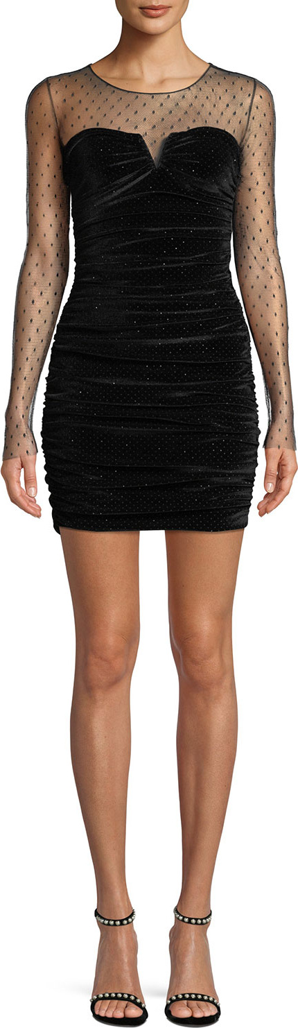 Redemption Long-Sleeve Dotted Sheer-Top Velvet Mini Cocktail Dress