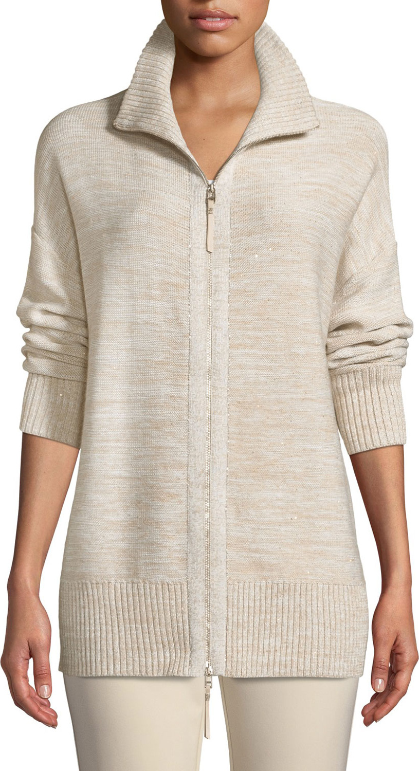 Lafayette 148 New York Relaxed Sequin  Italian Wool/Silk-Blend Zip-Up Cardigan