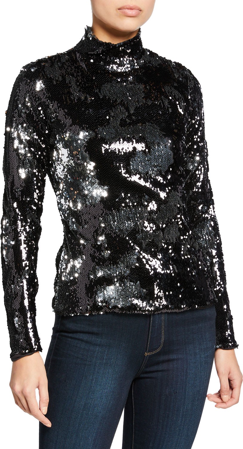 MILLY Sequined Turtleneck Long-Sleeve Top
