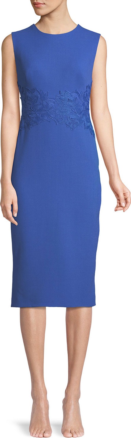 Lela Rose Sleeveless Crewneck Fitted Sheath Dress w/ Lace