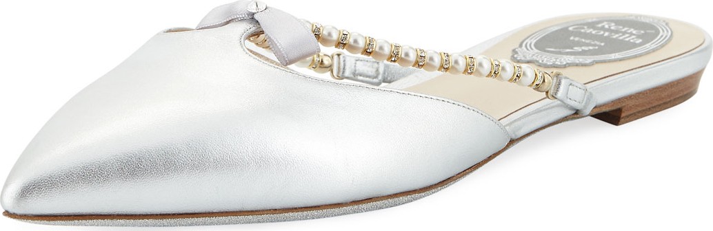 Rene Caovilla Flat Metallic Leather Mule with Bow