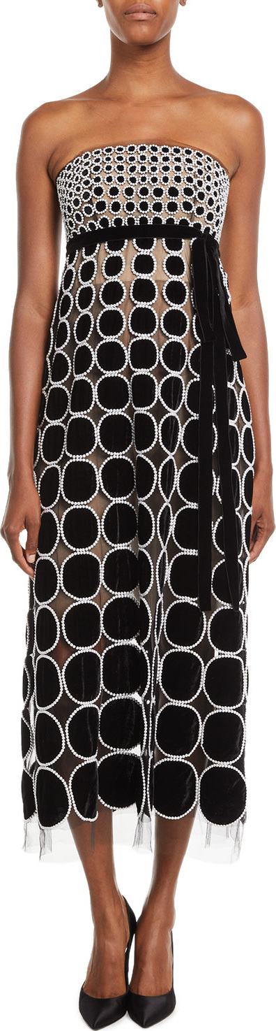 Oscar De La Renta Strapless Empire-Waist Velvet Circle Pearl-Embroidered Cocktail Dress