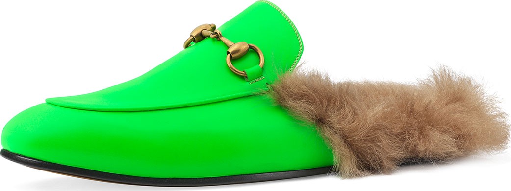 Gucci Men's Princetown Fur-Lined Fluorescent Leather Slippers