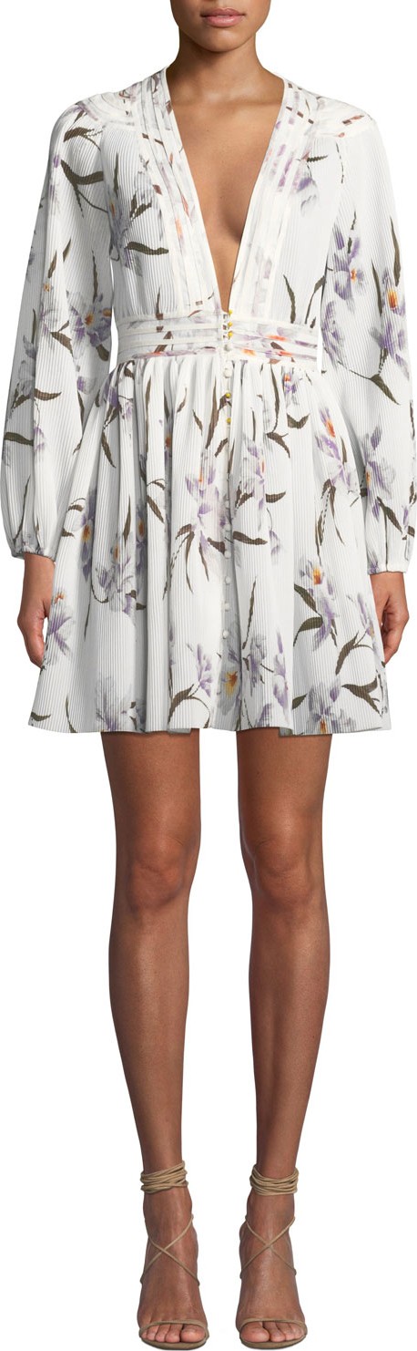 Zimmermann Corsage Floral Plisse Long-Sleeve Mini Dress