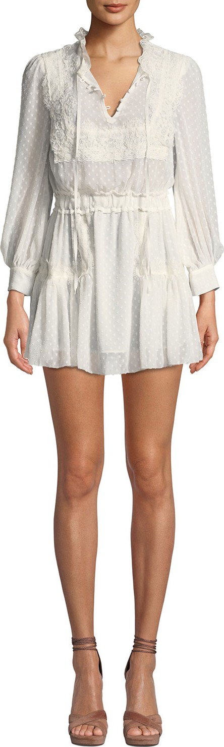 LOVESHACKFANCY Amber Lace Tie-Neck Long-Sleeve Coverup Dress