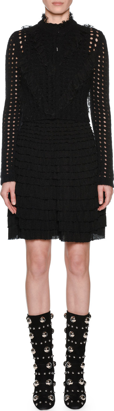 Giambattista Valli Long-Sleeve Ruffled Lace Front Open-Stitch Wool-Mohair Cardigan