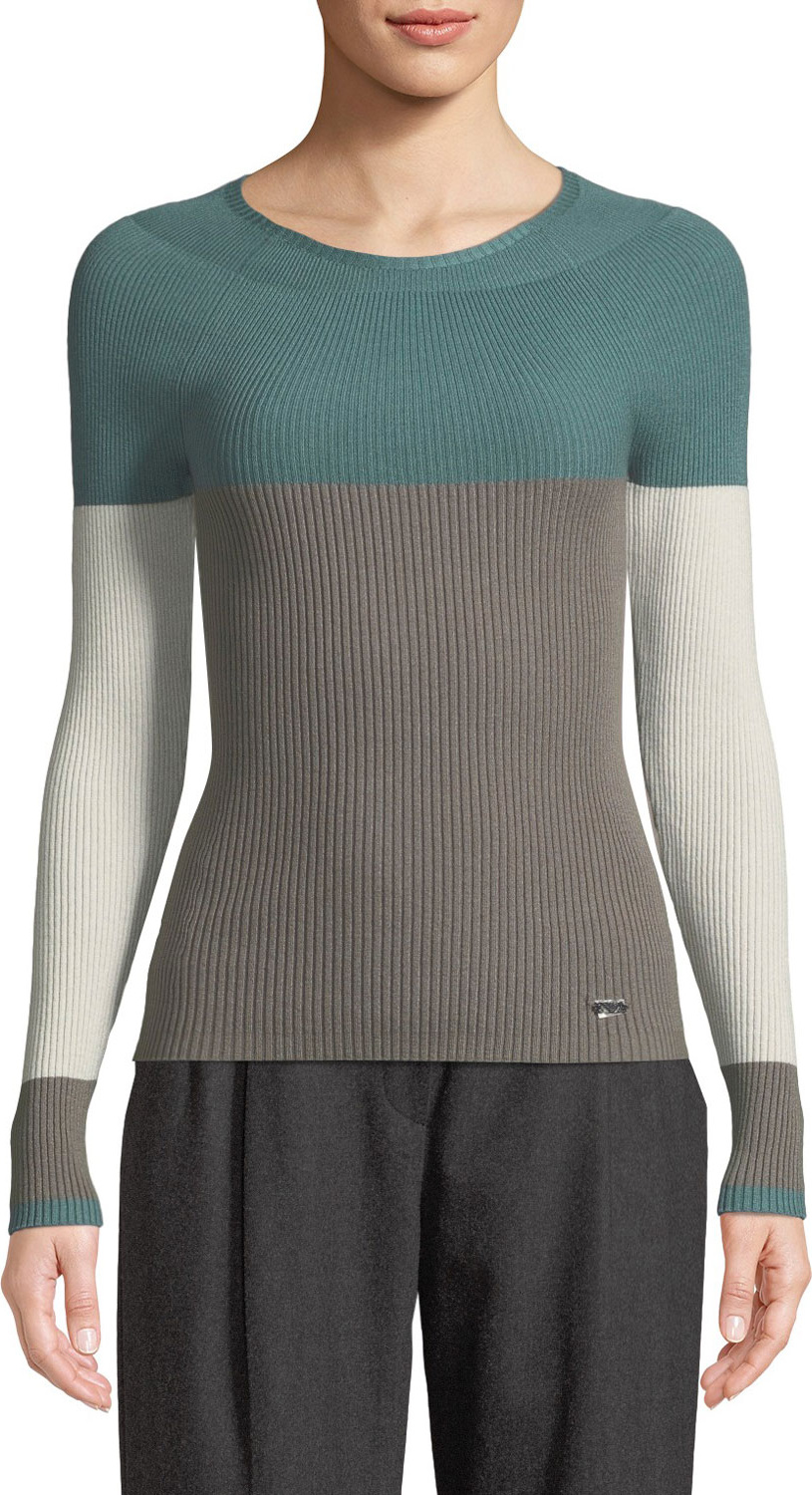 Emporio Armani Crewneck Long-Sleeve Colorblocked Ribbed Knit Top