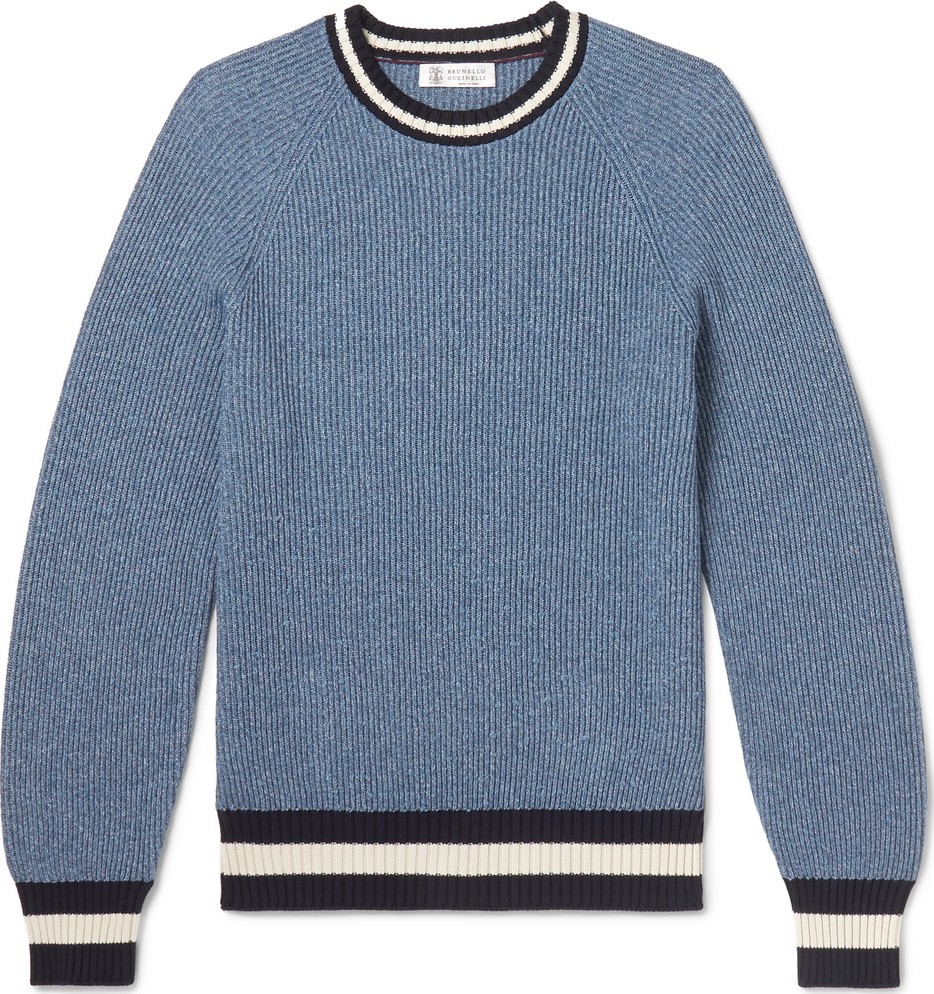 Brunello Cucinelli Contrast-Trimmed Mélange Cotton-Blend Sweater
